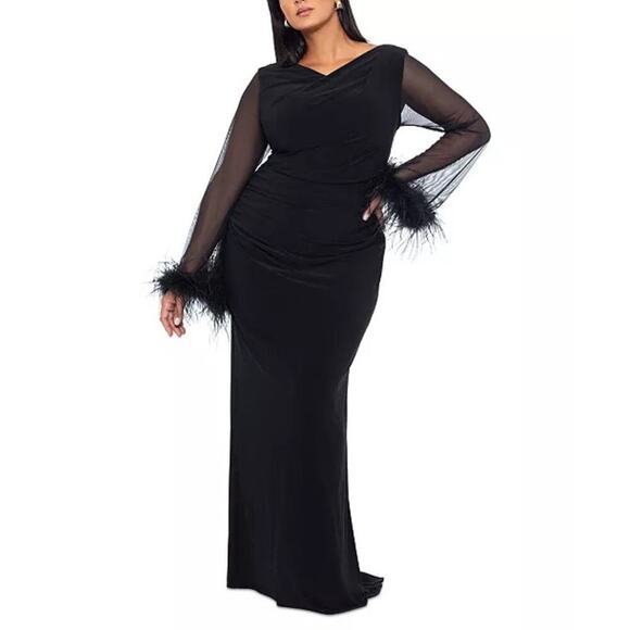 NWT Betsy & Adam Plus Size Feather-Cuff Sheath Gown Women's Black Size 16 - Picture 1 of 5